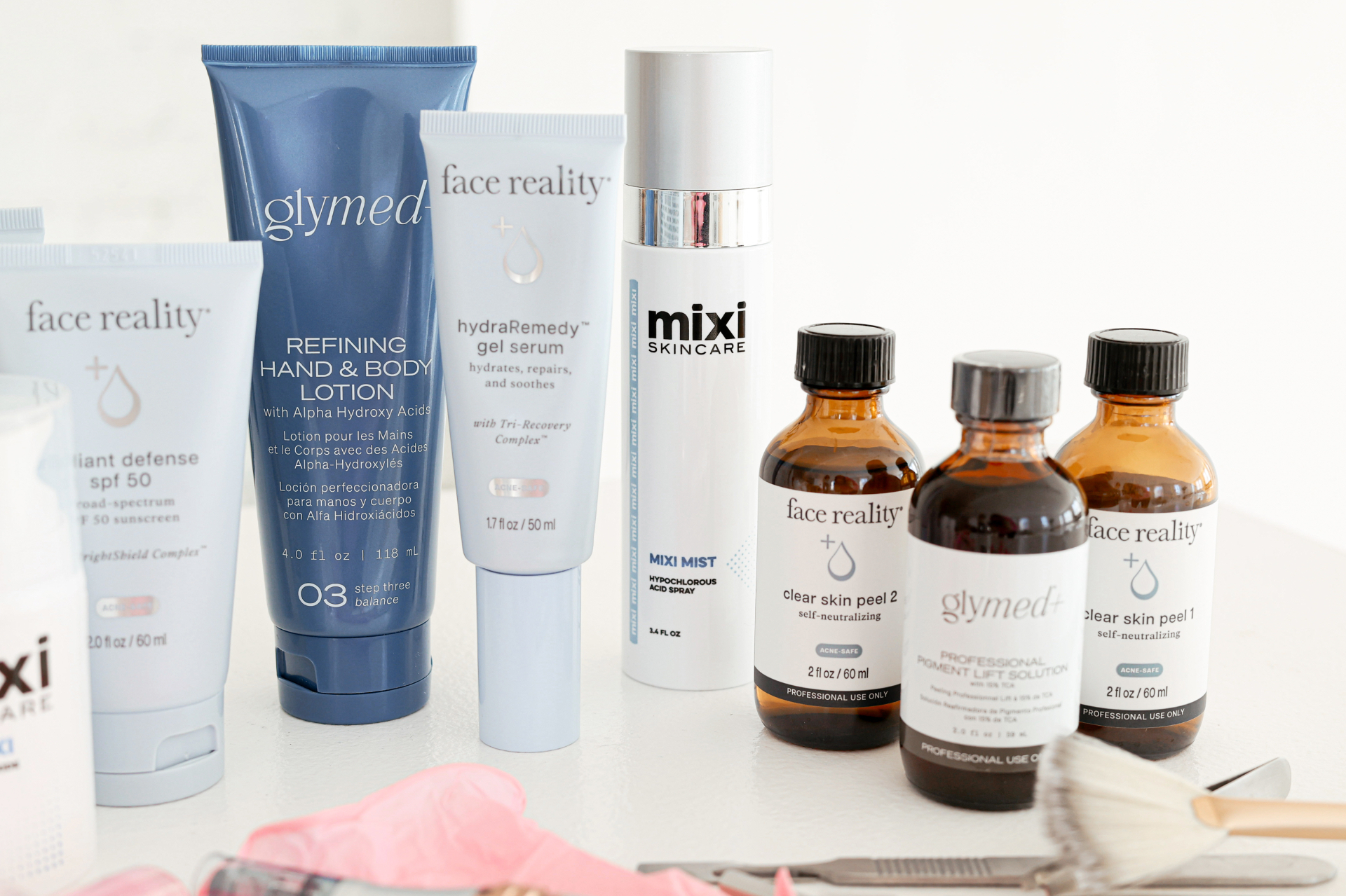 Professional skincare line — face reality, glymed+, and mixi products used at Angel Skin